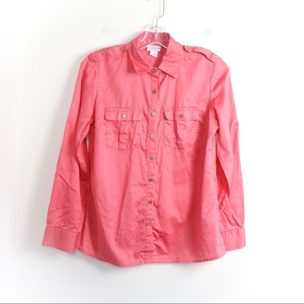 Jaclyn Smith light cotton pink shirt gold buttons loose fit top trendy spring S